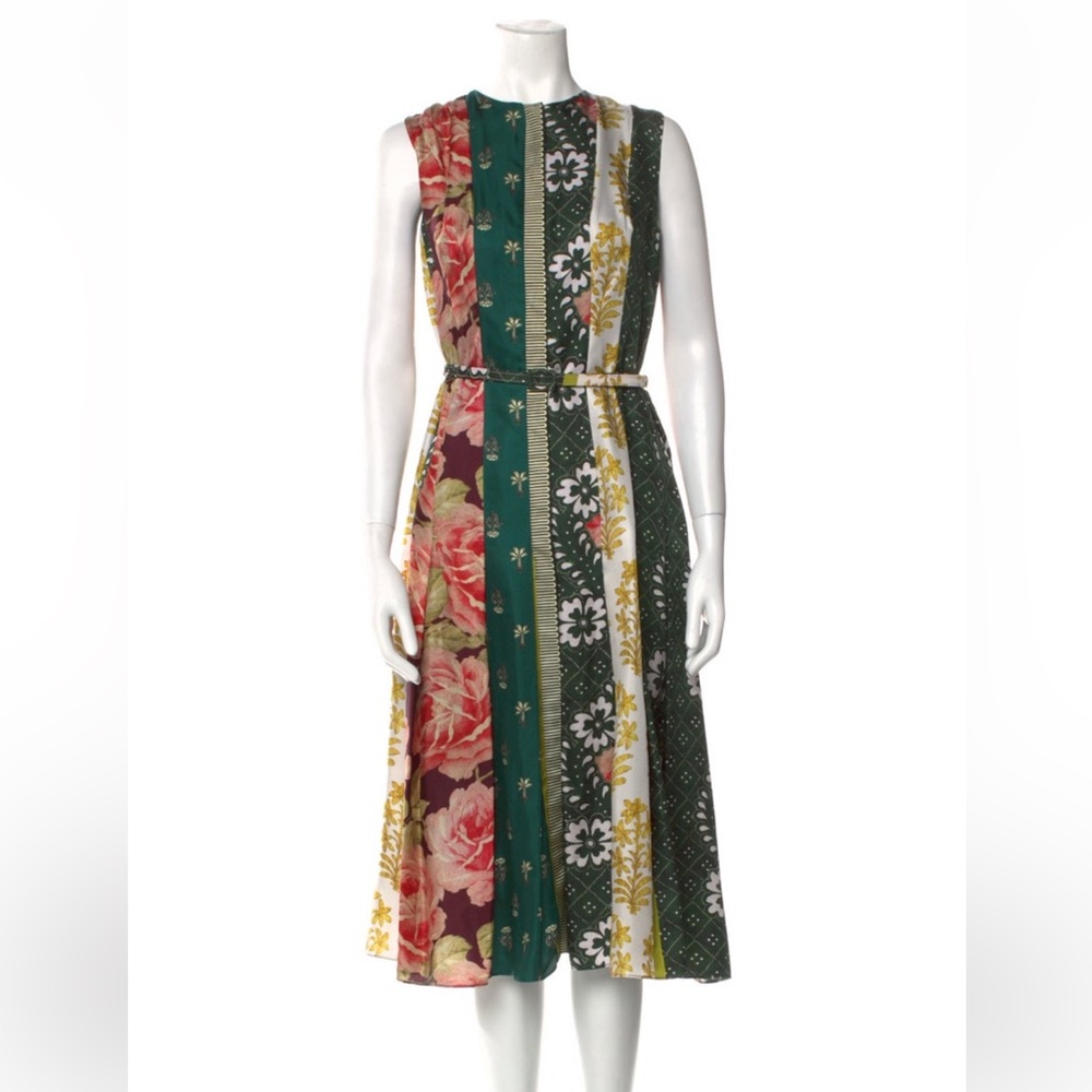 Oscar de la Renta Green and Yellow Floral Midi Dress